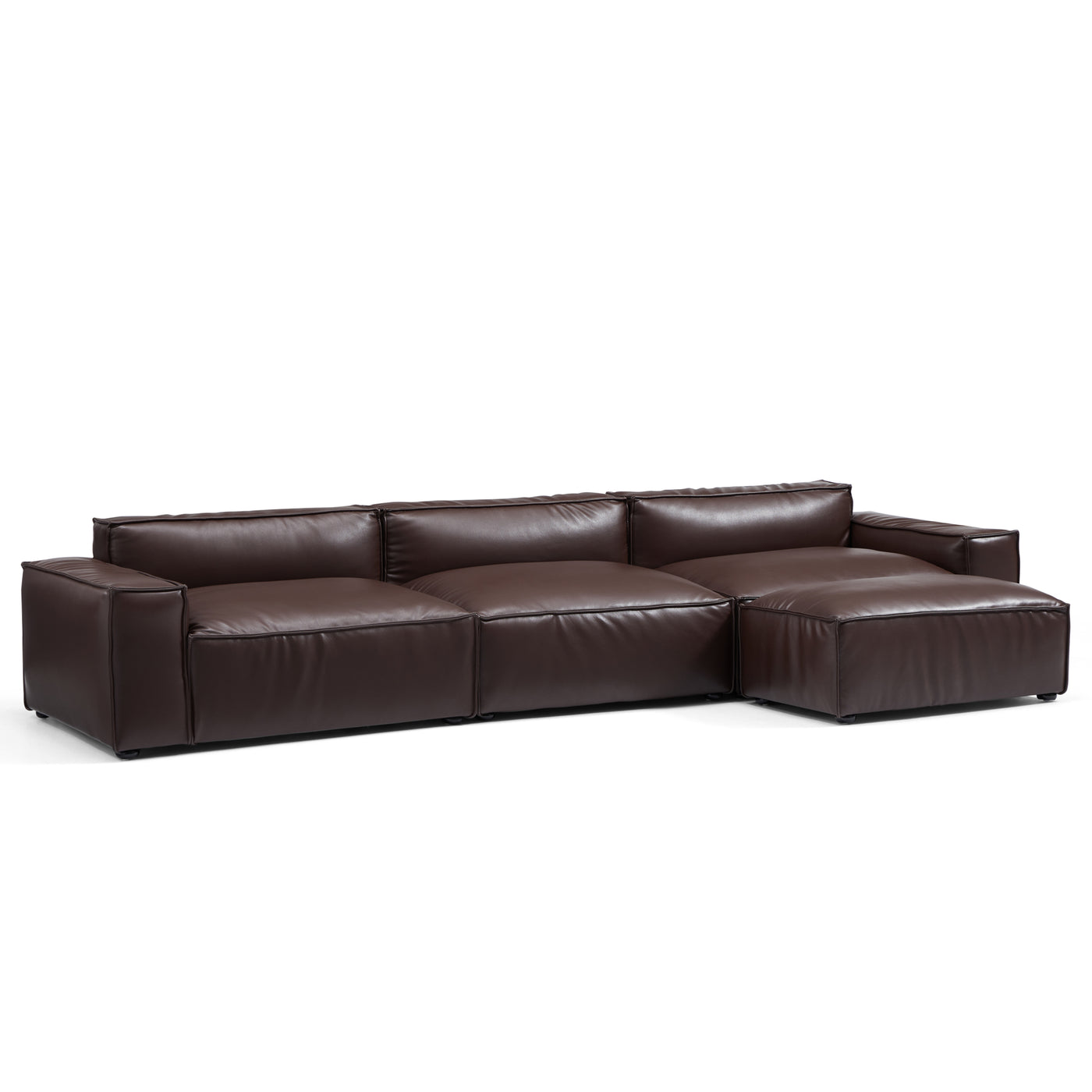 Luxury Minimalist Leather Black Sofa and Ottoman-Dark Brown-140.2"