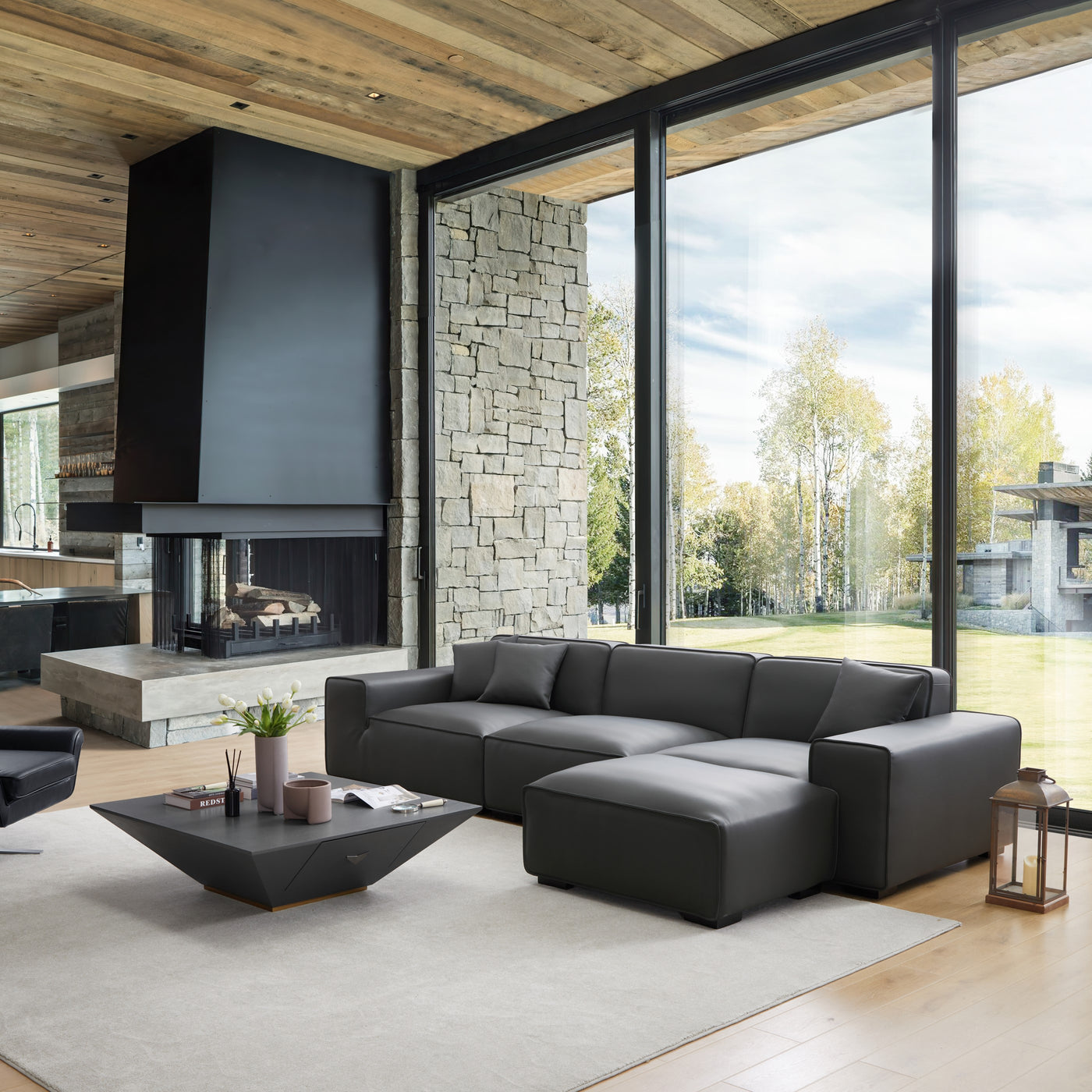 Domus Modular Dark Gray Leather Sofa and Ottoman-Dark Gray