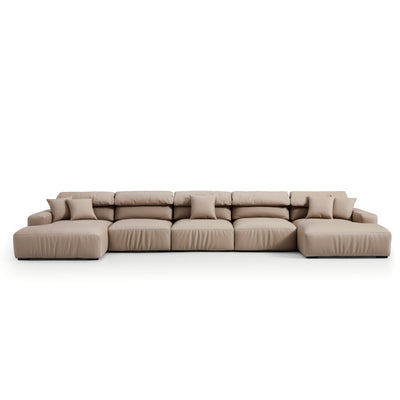 Chestnut Khaki Leather Double Chaise Sectional-Khaki-199.2"