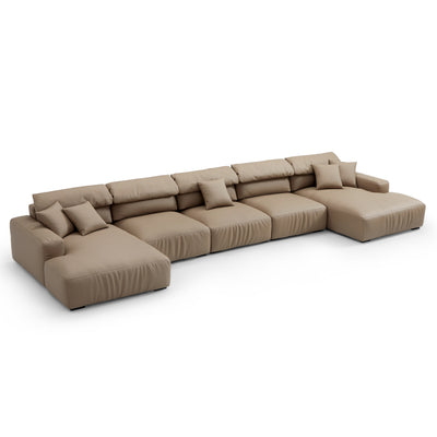 Chestnut Khaki Leather Double Chaise Sectional-Khaki-199.2″