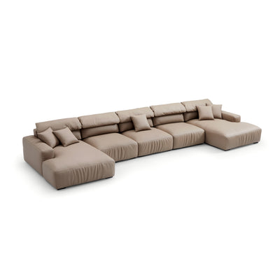 Chestnut Khaki Leather Double Chaise Sectional-Khaki-199.2"