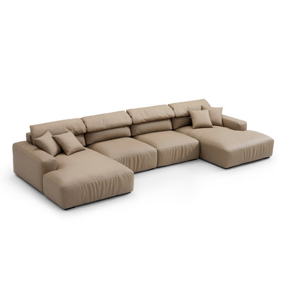 Chestnut Khaki Leather Double Chaise Sectional-Khaki-163.0″