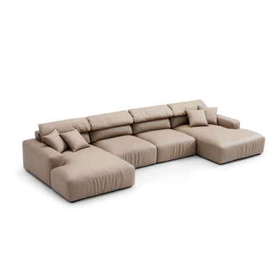 Chestnut Khaki Leather Double Chaise Sectional-Khaki-163.0"