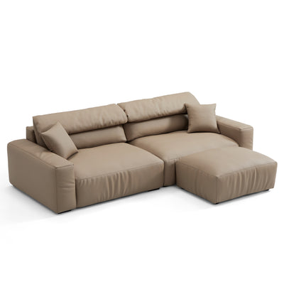 Chestnut Khaki Leather Sofa and Ottoman-Khaki