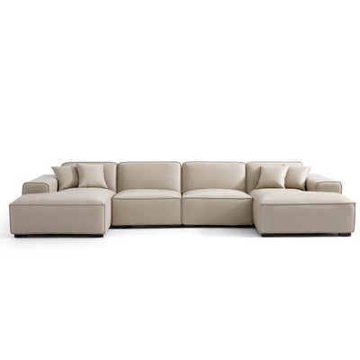 Domus Modular Khaki Leather U Shaped Sectional Sofa-Beige