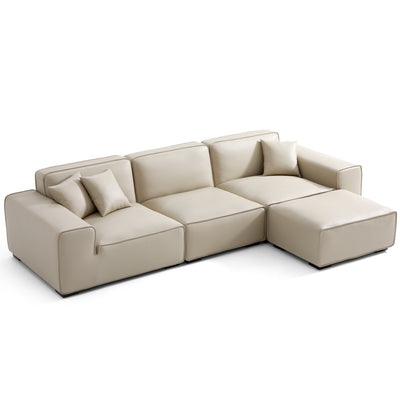 Domus Modular Khaki Leather Sofa and Ottoman-Beige-129.9"