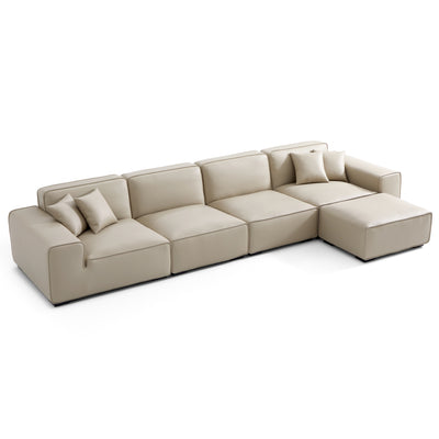 Domus Modular Khaki Leather Sofa and Ottoman-Beige-165.3"