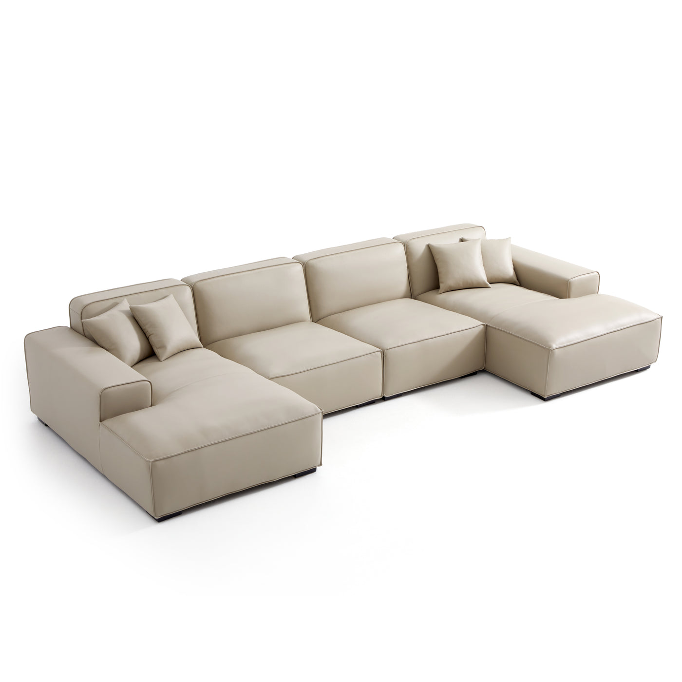 Domus Modular Khaki Leather U Shaped Sectional Sofa-Beige