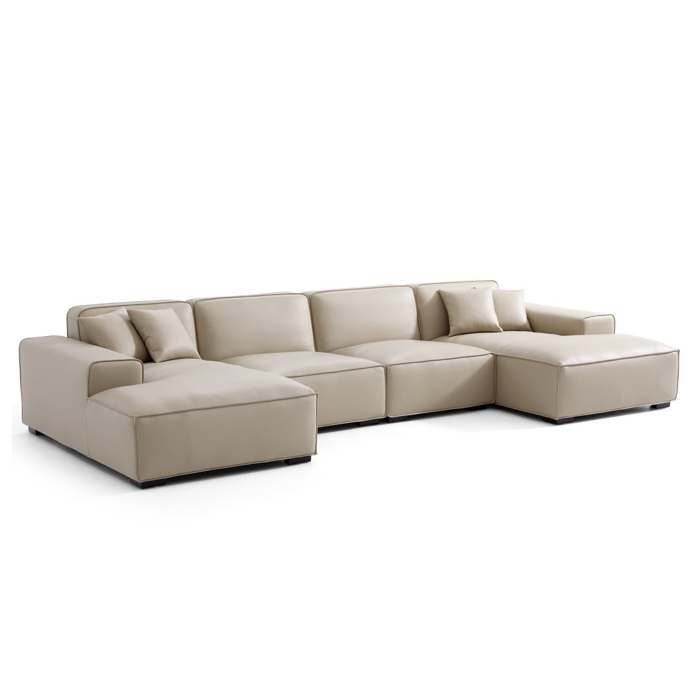 Domus Modular Khaki Leather U Shaped Sectional Sofa-Beige