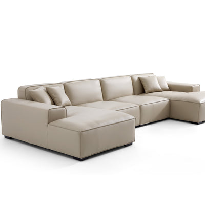 Domus Modular Khaki Leather U Shaped Sectional Sofa-Beige