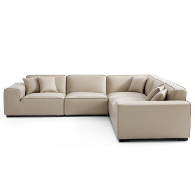Domus Modular Dark Gray Leather L Shaped Sectional-Beige-5 Seater 126.8”