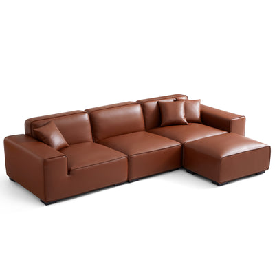 Domus Modular Brown Leather Sofa and Ottoman-Brown-129.9"