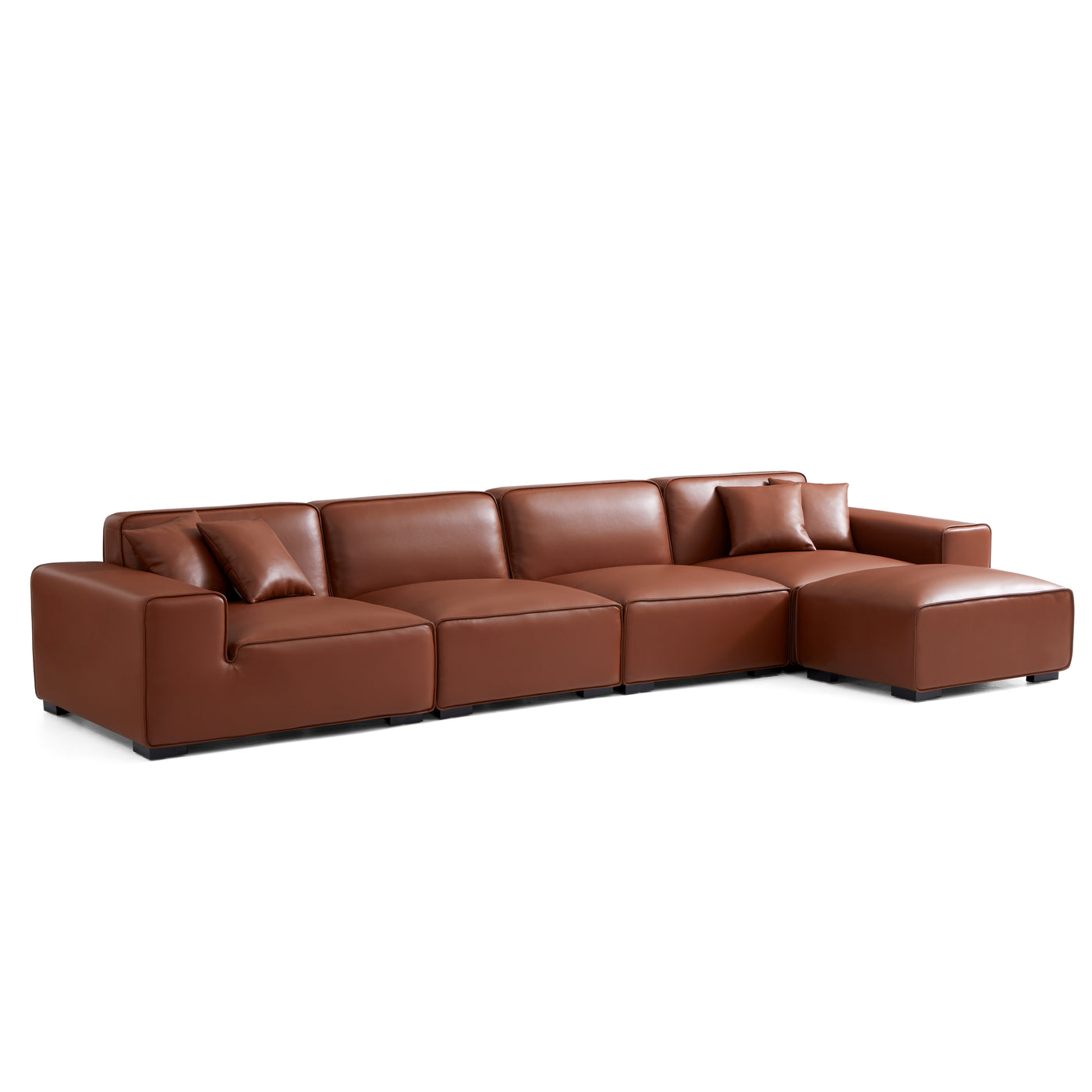 Domus Modular Brown Leather Sofa and Ottoman-Brown-165.3"