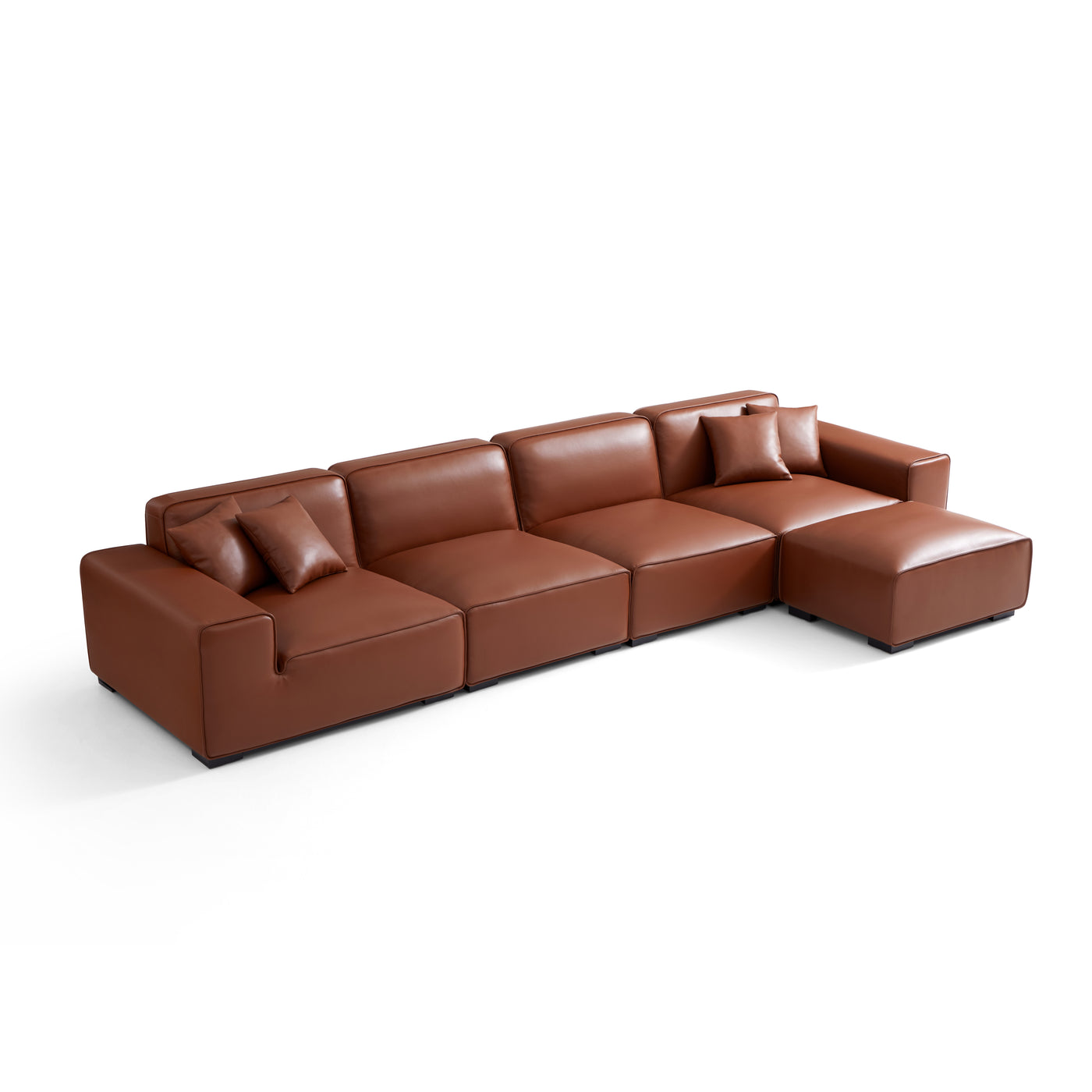 Domus Modular Brown Leather Sofa and Ottoman-Brown-165.3"