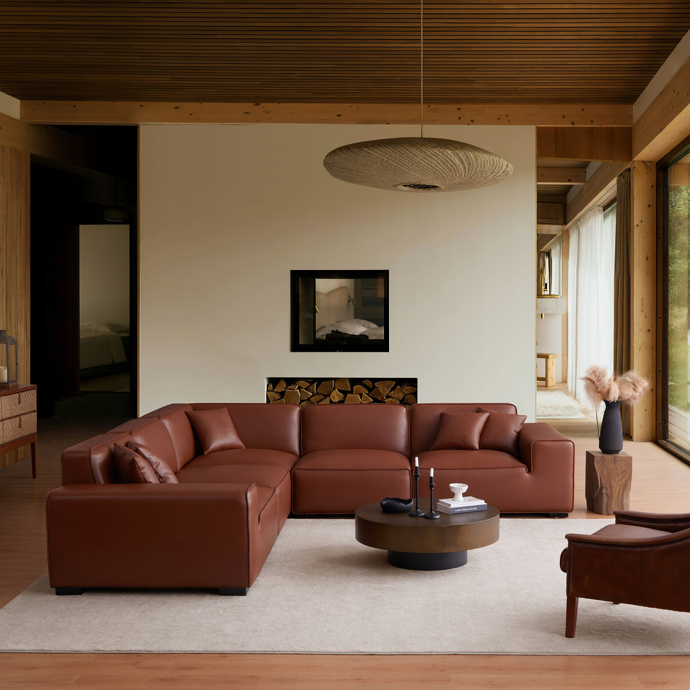 Domus Modular Brown Leather L Shaped Sectional-Brown