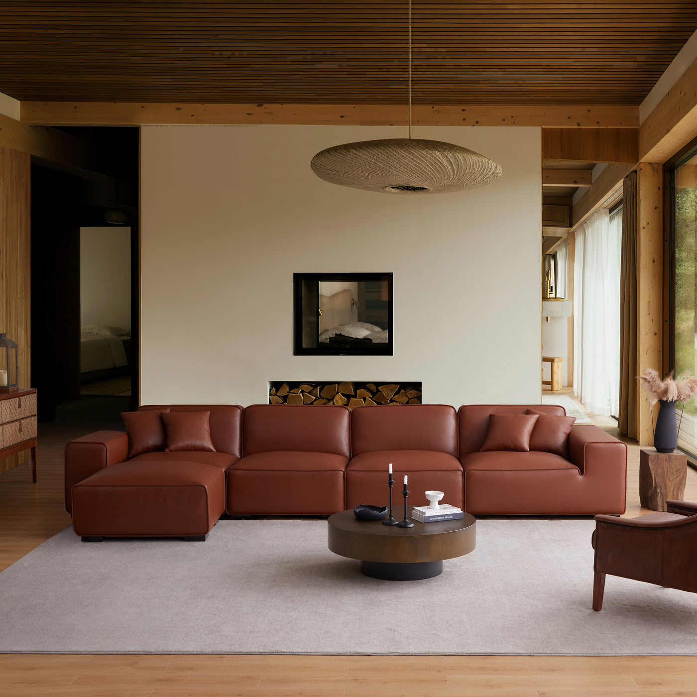 Domus Modular Brown Leather Sofa and Ottoman-Brown-165.3"