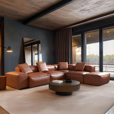 Cube Modular Brown Genuine Leather Corner Sectional With Ottoman