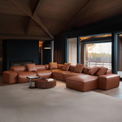 Cube Modular Brown Genuine Leather U-Shaped Sectional