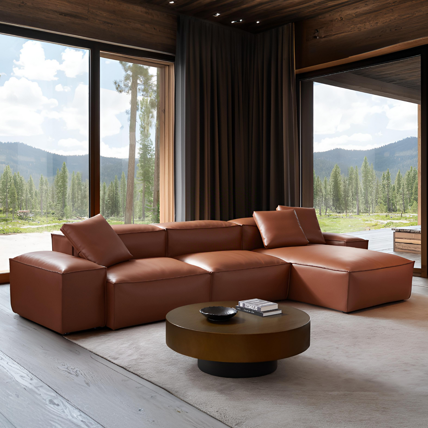 Cube Modular Brown Genuine Leather Sectional-Brown-142.9"-Low