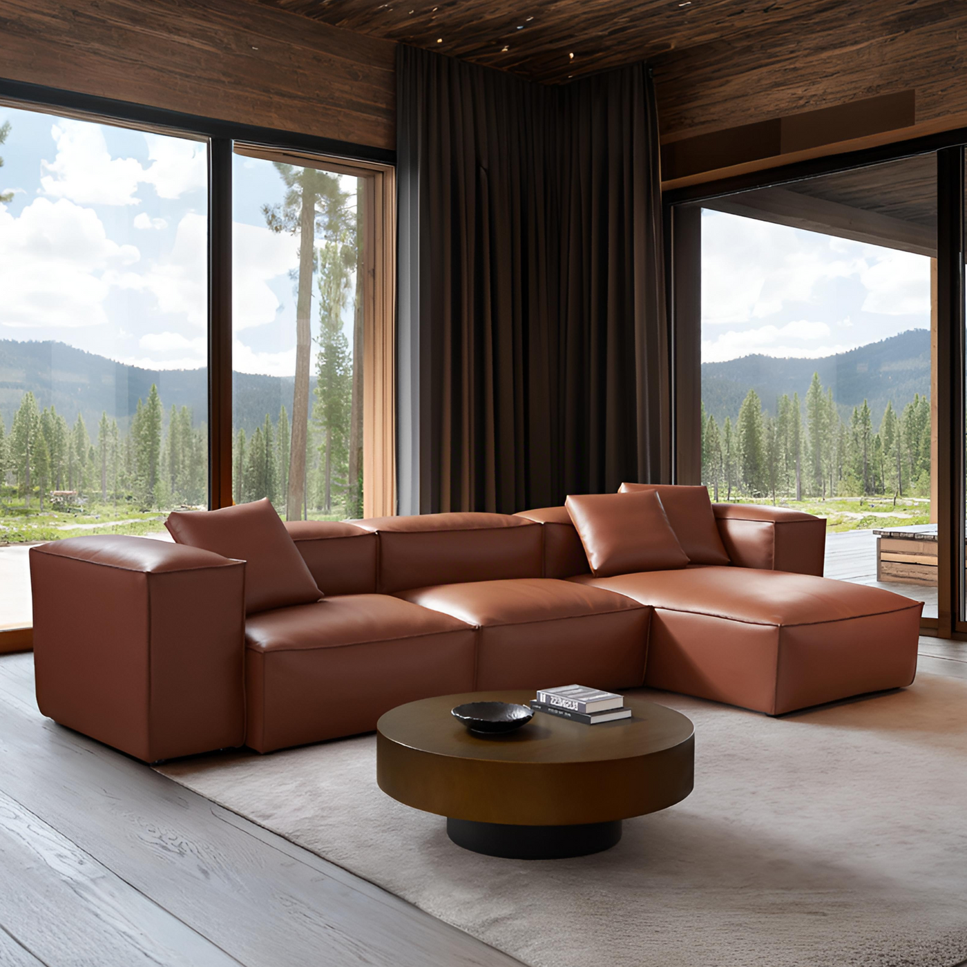 Cube Modular Brown Genuine Leather Sectional-Brown-142.9"-High