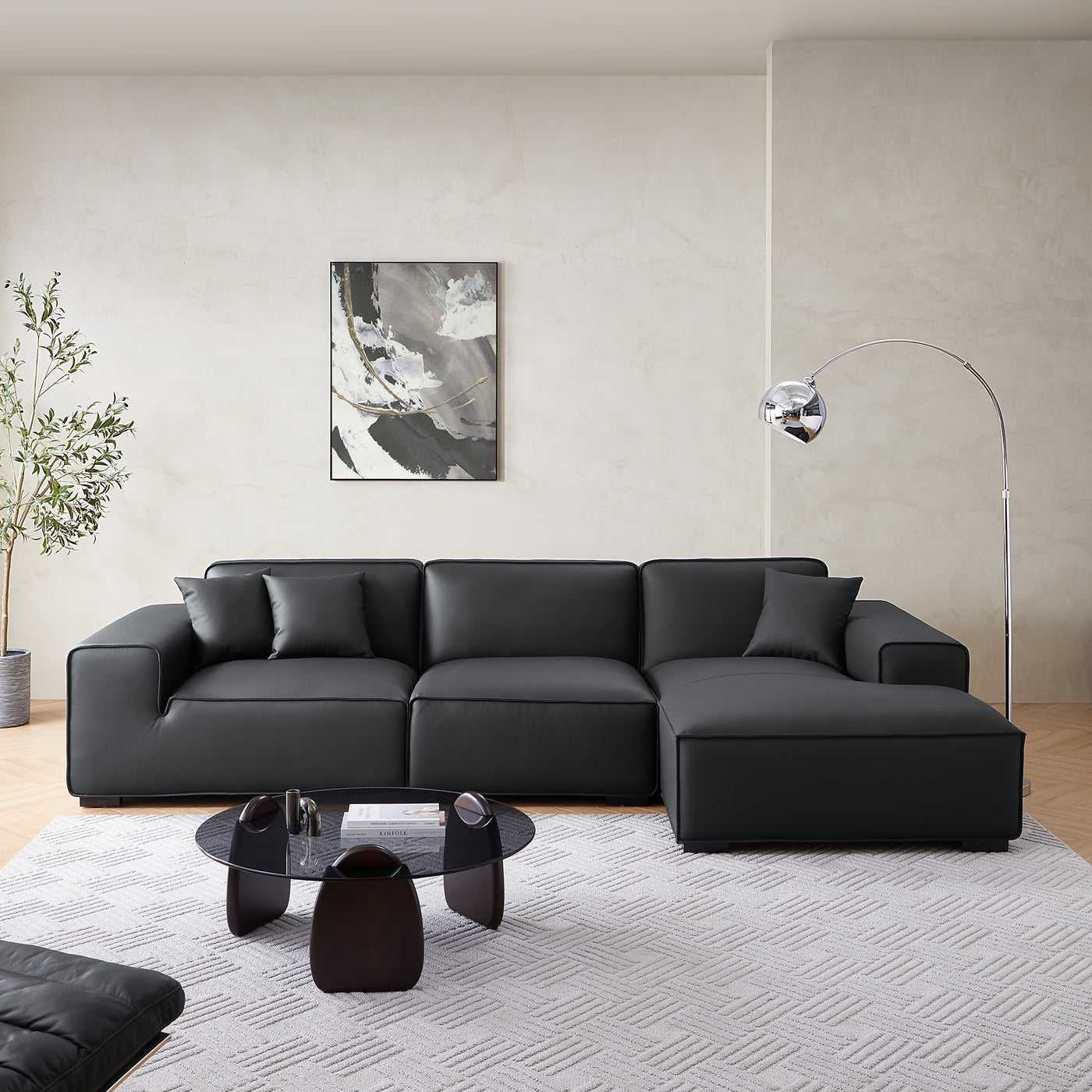 Domus Modular Black Leather Sectional Sofa-Black
