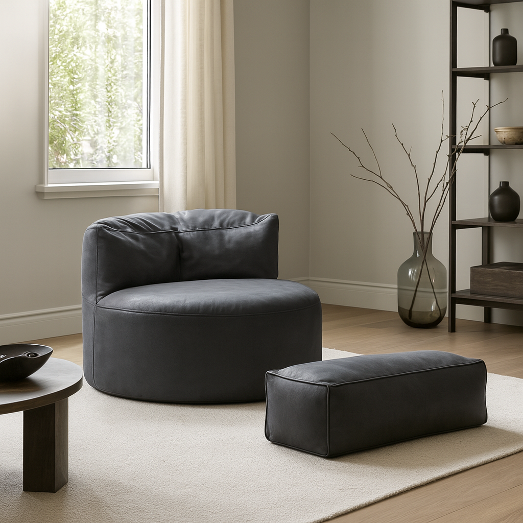 Eclipse lounge Leathaire Dark Gray Beanbag With Ottoman