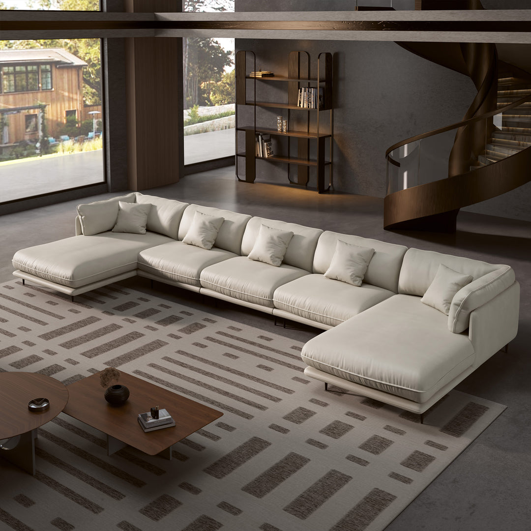 Vanilla White Genuine Leather U-Shaped Sectional