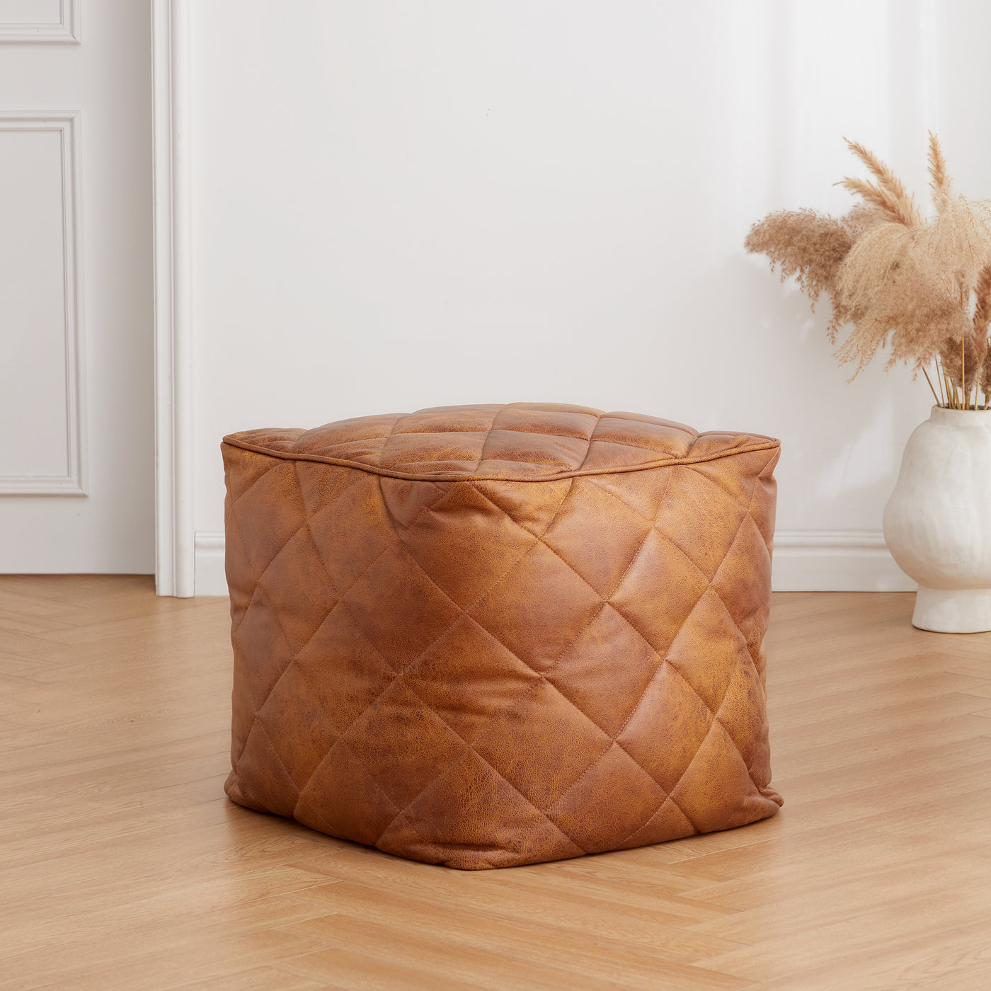 Brody Brown Leathaire Square Pouf-Brown