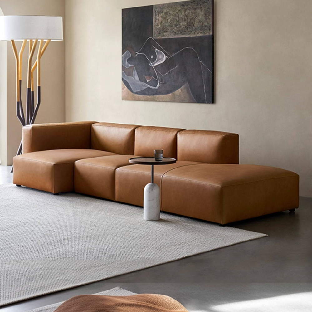 Geometry Low Profile Italian Leather Sectional-Tan
