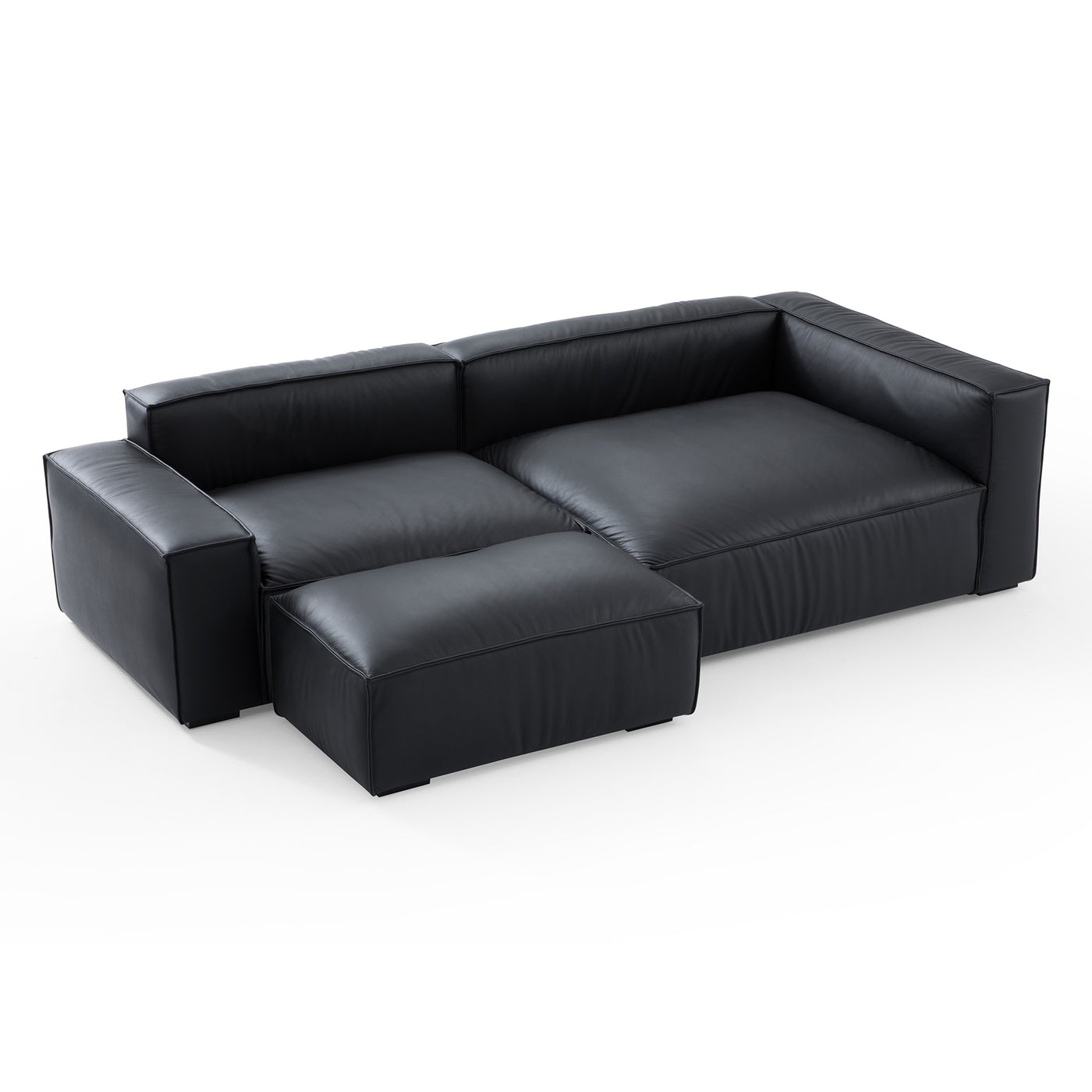 Luxury Minimalist Black Leather Sectional and Ottoman-Black-106.2"-Facing Right