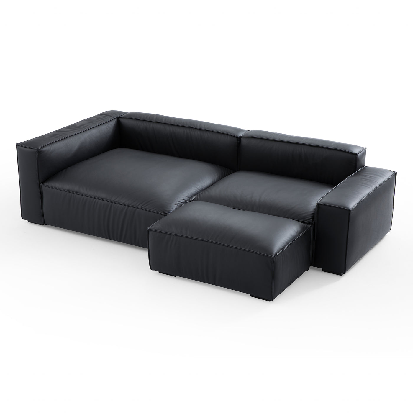Luxury Minimalist Black Leather Sectional and Ottoman-Black-106.2"-Facing Left