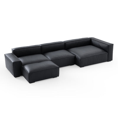 Luxury Minimalist Black Leather Sectional and Ottoman-Black-145.7"-Facing Right