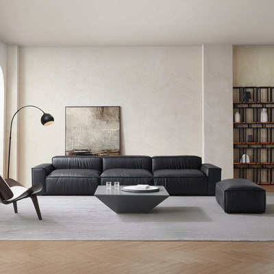 Luxury Minimalist Leather Black Sofa and Ottoman-Black