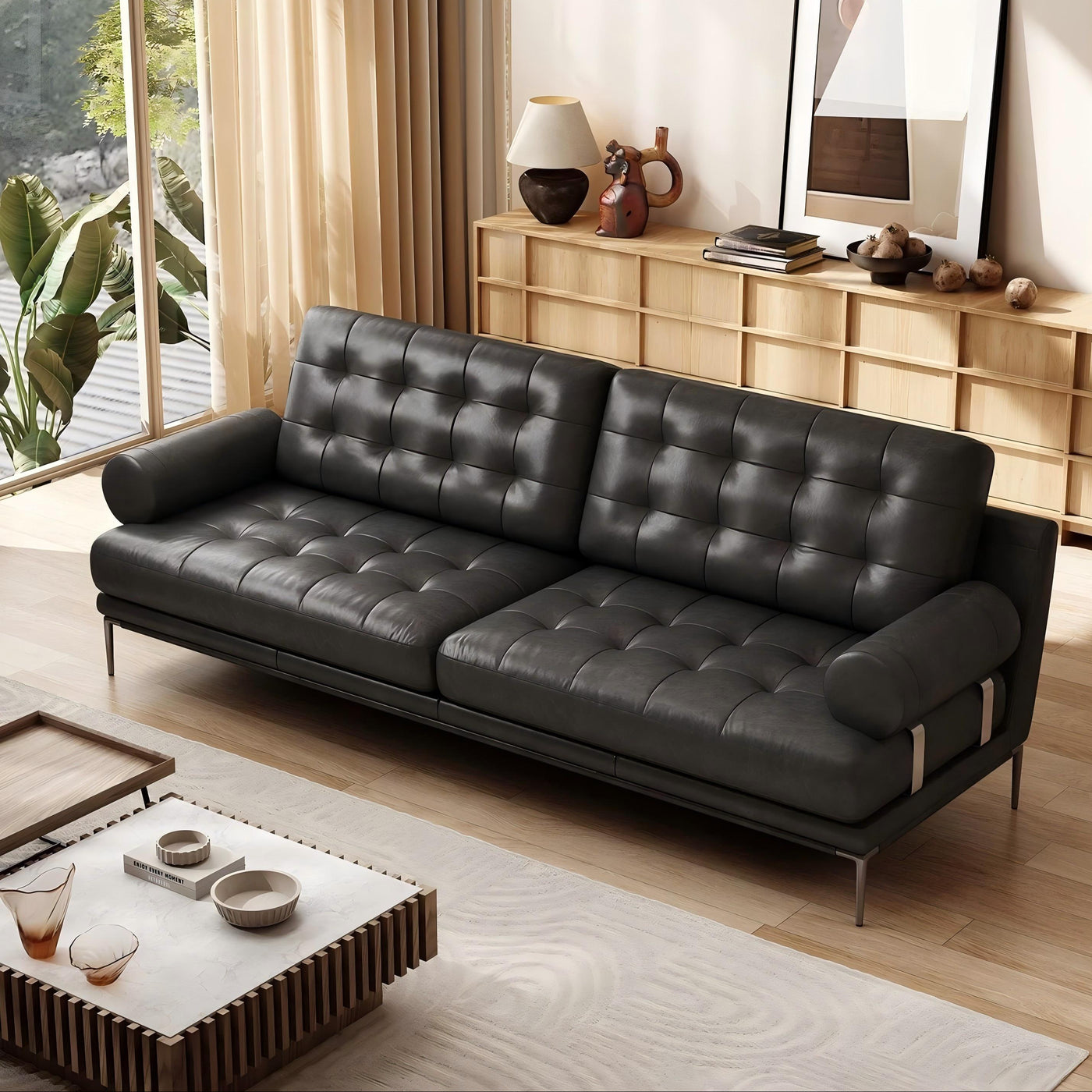 Espresso Tufted Leather Sofa-Black-102.3"