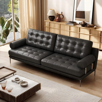 Espresso Tufted Leather Sofa-Black-102.3"