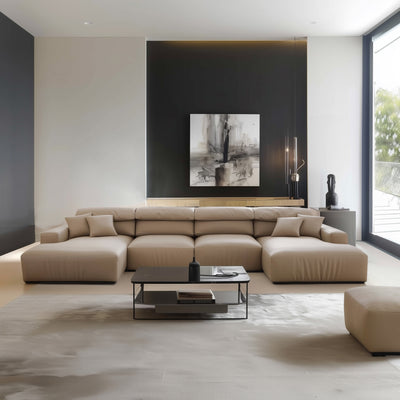 Chestnut Khaki Leather Double Chaise Sectional-Khaki