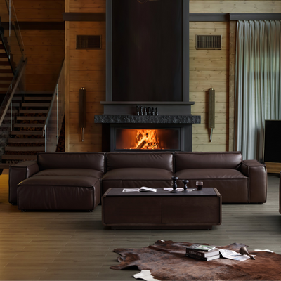 Luxury Minimalist Dark Brown Leather Sofa and Ottoman