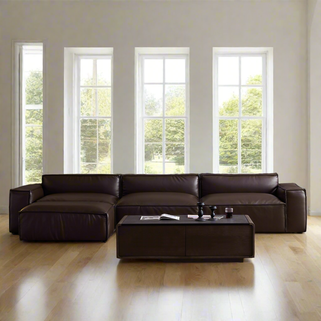 Luxury Minimalist Dark Brown Leather Sofa and Ottoman