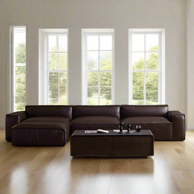 Luxury Minimalist Dark Brown Leather Sofa and Ottoman