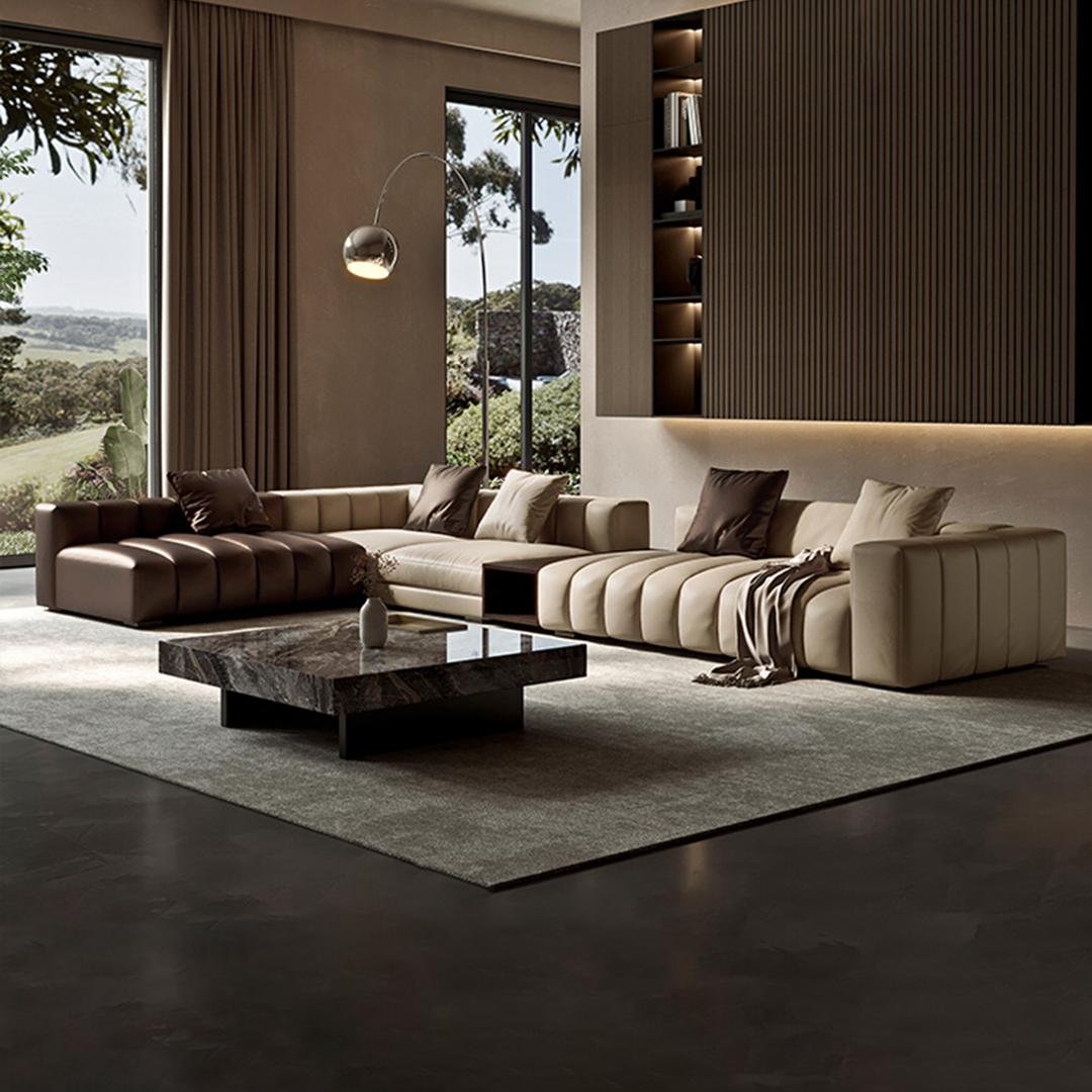 Piano L Shaped Leather Sectional Sofa with Coffee Table-Beige & Brown