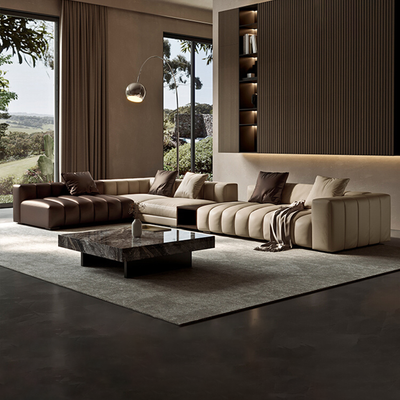 Piano L Shaped Leather Sectional Sofa with Coffee Table-Beige & Brown
