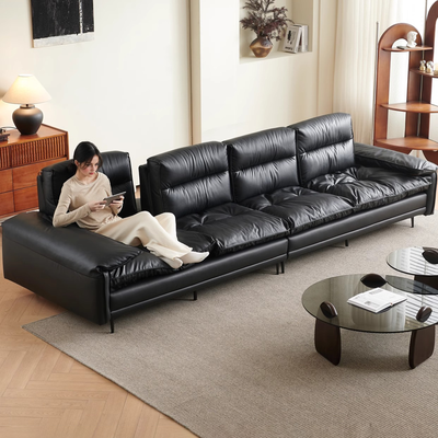 Lewis Adjustable Backrest Ultra Wide Leather Sofa-Black
