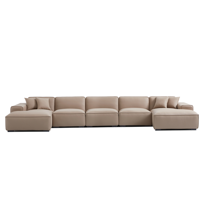 Domus Modular Brown Leather Double Chaise Sectional-Khaki-192.9″