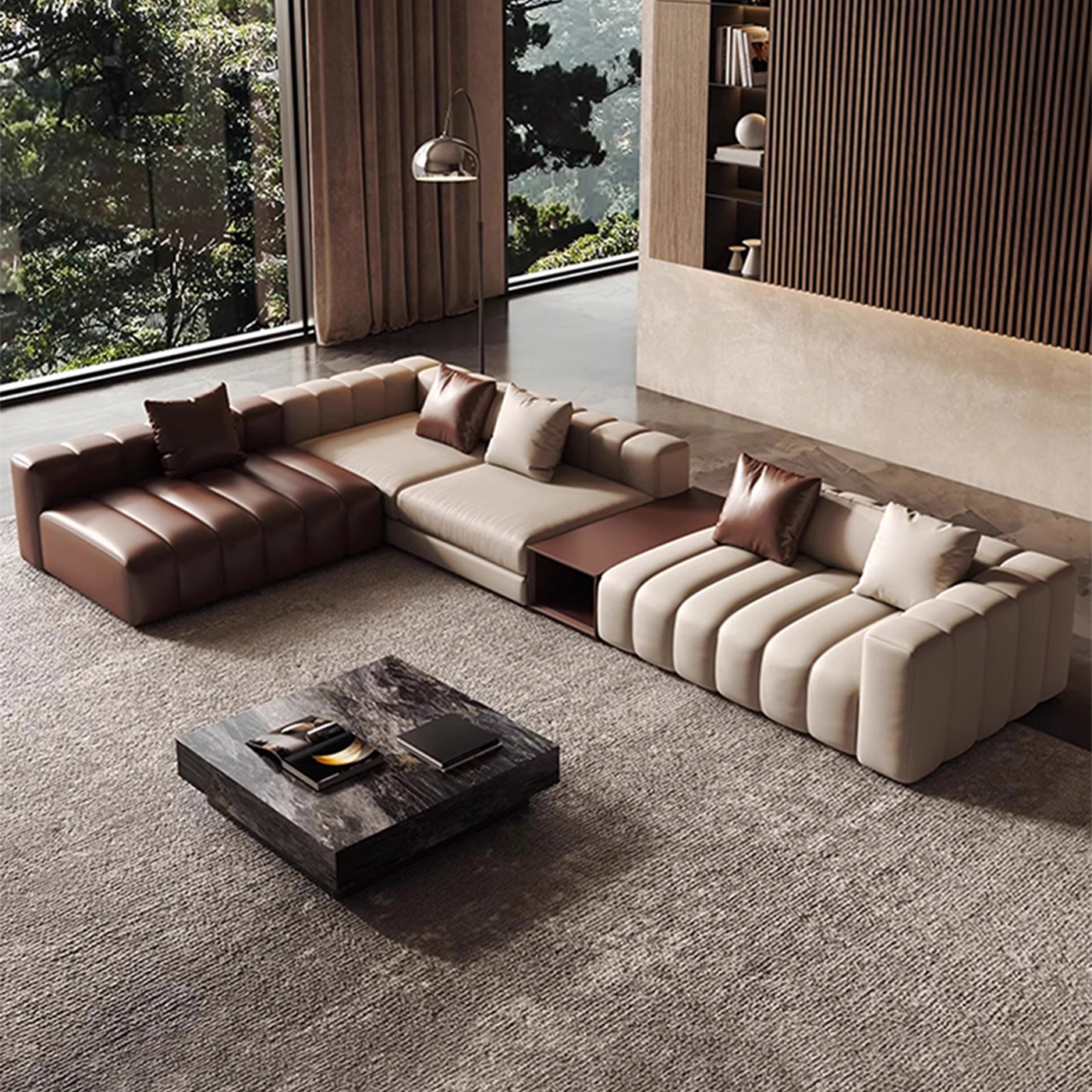 Piano L Shaped Leather Sectional Sofa with Coffee Table-Beige & Brown