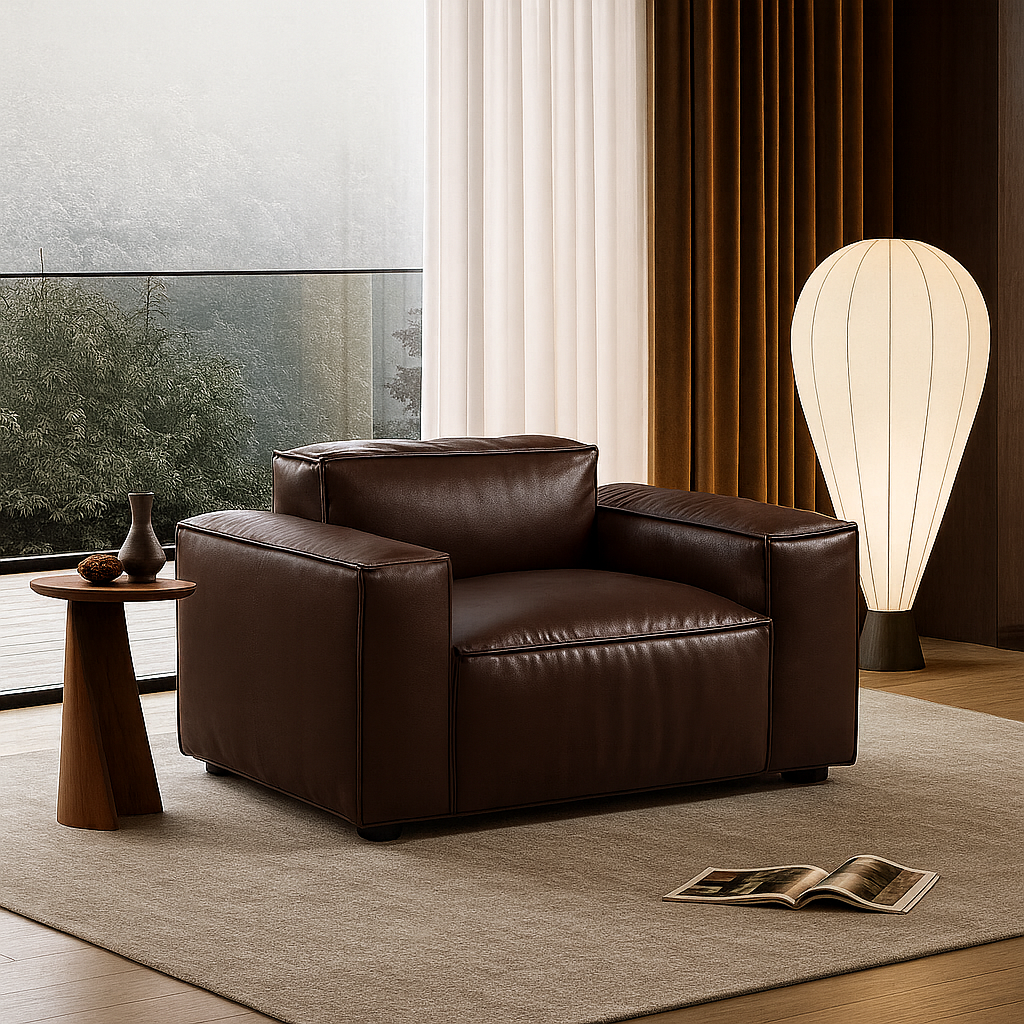 Luxury Minimalist Dark Brown Leather Armchair-Dark Brown