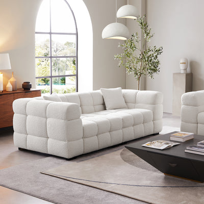 Cushy Cream Boucle Fabric Tufted Sofa-White