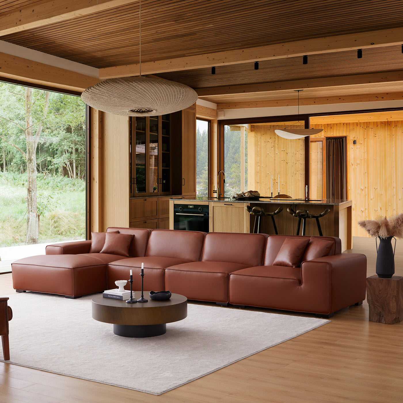 Domus Modular Brown Leather Sectional Sofa-Brown