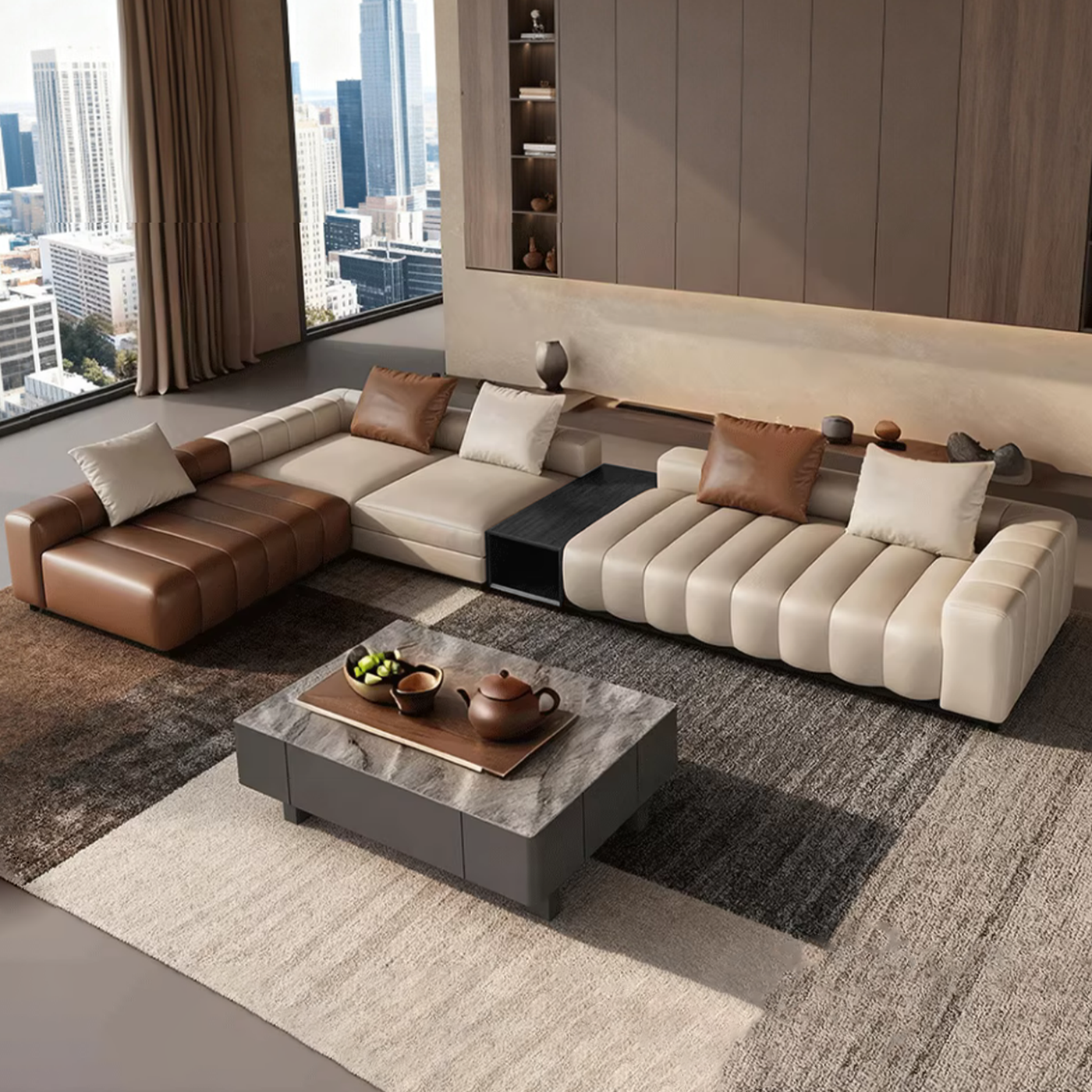 Piano L-Shaped Leather Sectional Sofa