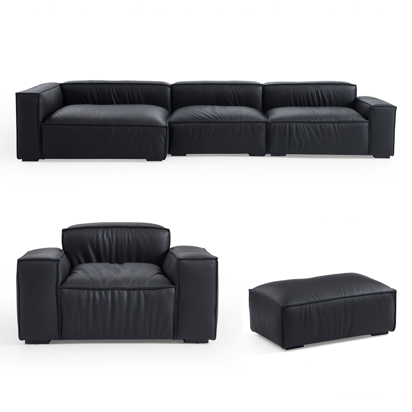 Luxury Minimalist Black Leather Sectional Set-Black-145.7"-Facing Left