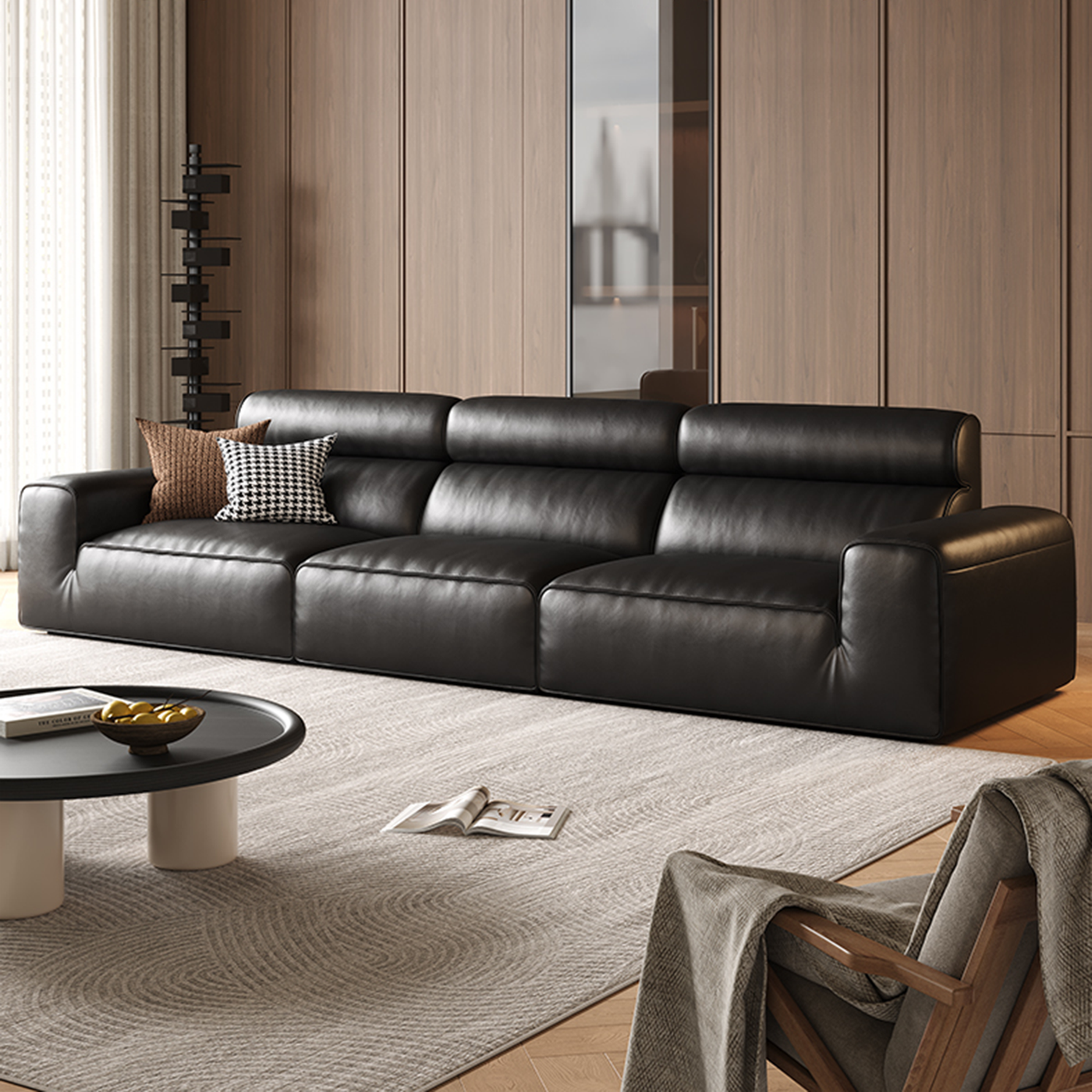 Domus High-Back Modular Leather Sofa-Black-129.9"